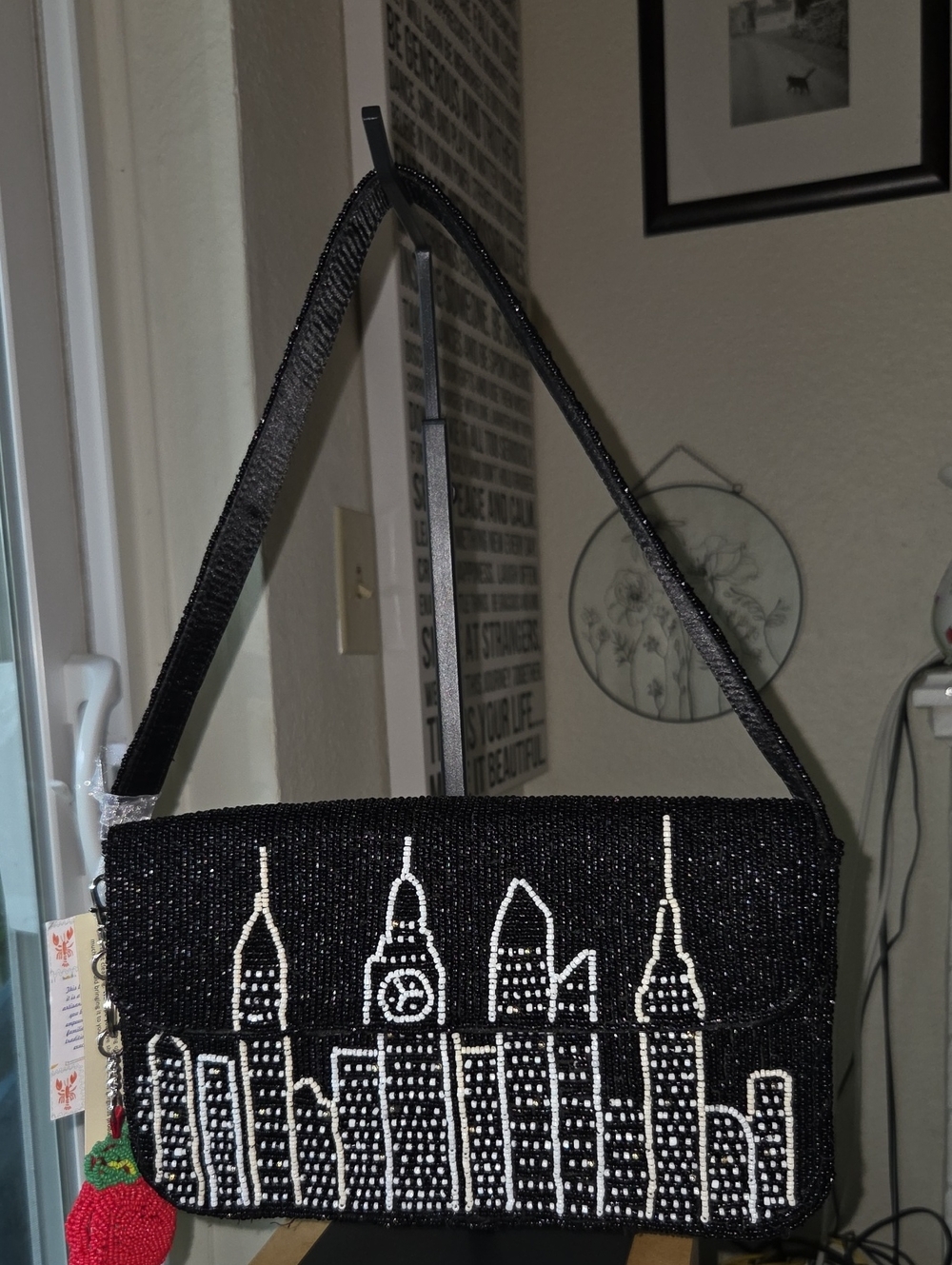 Hand Beaded Black City Skyline Shoulder Bag with Red Apple Charm NWT